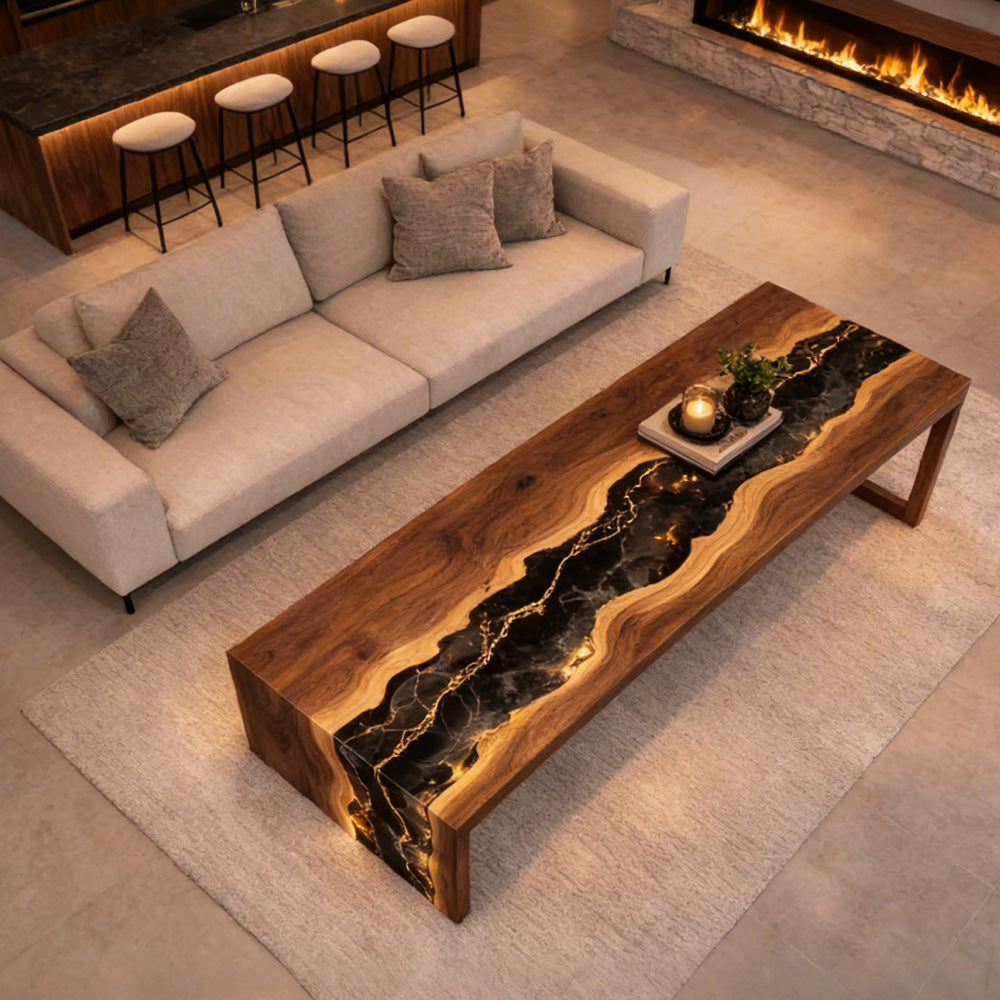 Waterfall Black Walnut Shimmering Black-Gold Epoxy River Table in Beverly Hills