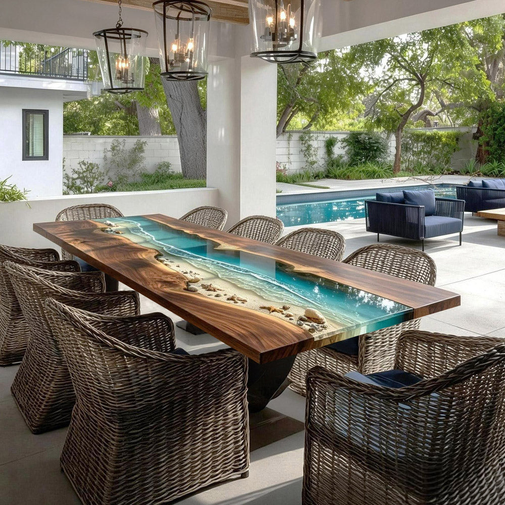 Marine Aesthetic Walnut Epoxy Table - Sea Beach Wave Design for Airy Coastal Living Spaces in New York 