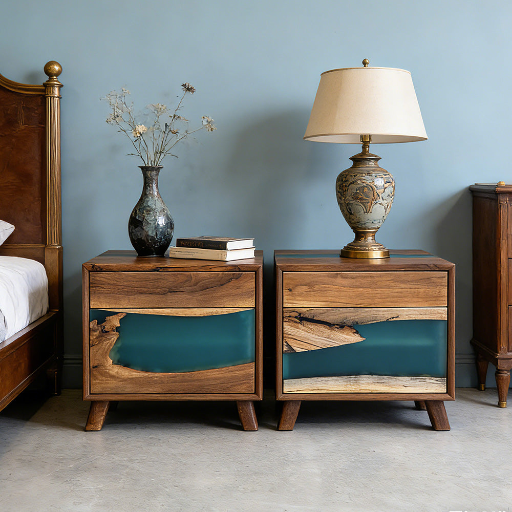 Matching Modern Walnut Wood Beside Epoxy Table Set of 2 - Bedside Cabinets for Luxury Master Suites & Executive Penthouses in Seattle