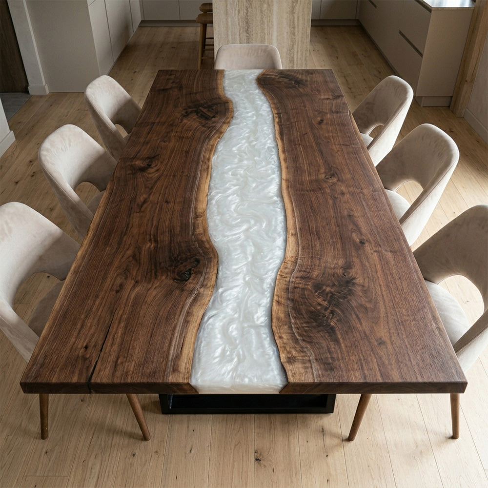 Minimalist Luxury Black Walnut & Pearl White Resin Table - Contemporary Handcrafted Dining Epoxy Table in Atlanta 