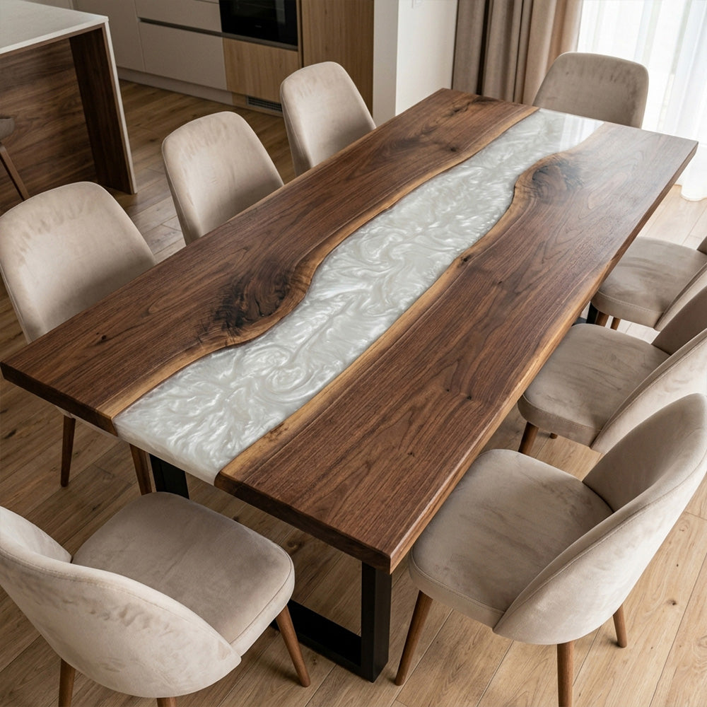 Black Walnut & Pearl White Resin Table - Contemporary Handcrafted Dining Epoxy Table KCT112 in Atlanta