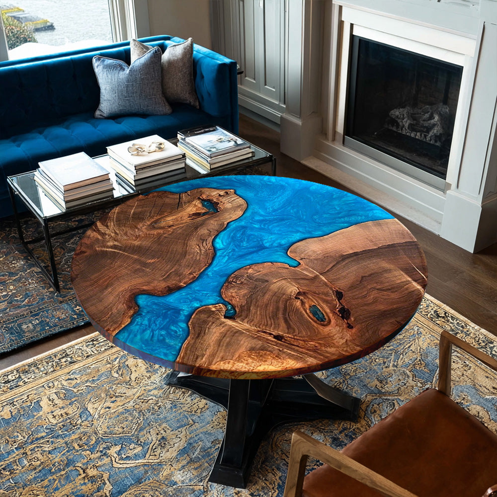 Modern Circular Black Walnut Blue Epoxy Table - 360-Degree Artistic View for Luxury Apartments in Los Angeles 