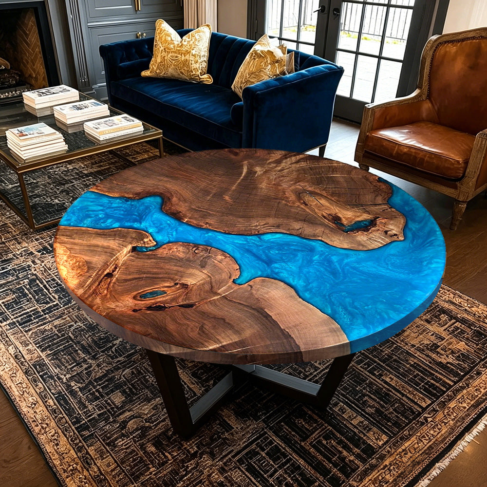 Black Walnut Blue Epoxy Table - 360-Degree Artistic View for Luxury Apartments in Los Angeles