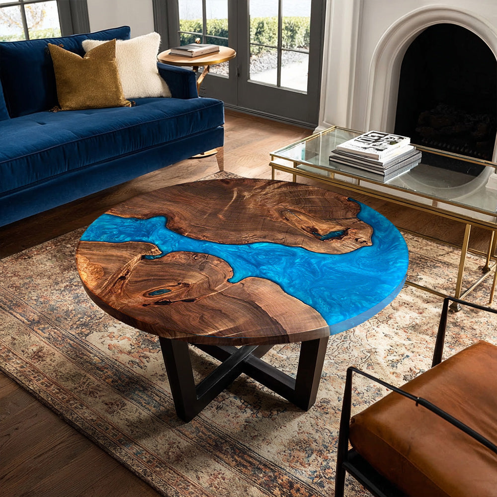 Modern Circular Black Walnut Blue Epoxy Table in Los Angeles
