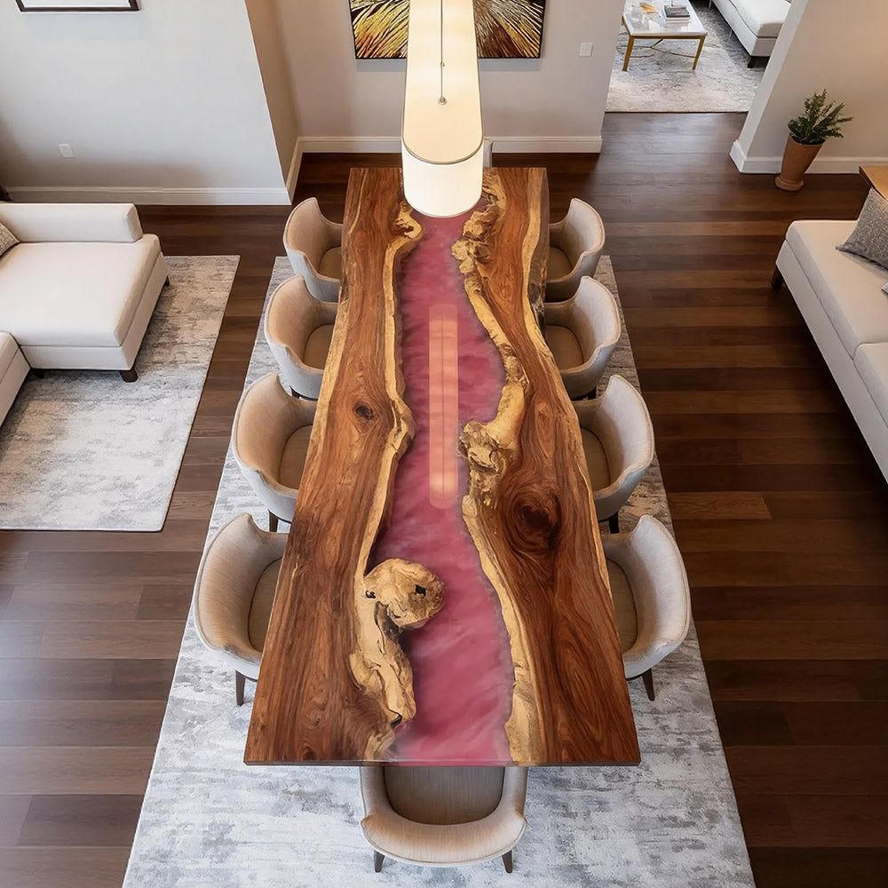 Muted Blush Pink River Walnut Live Edge Epoxy Table - Romantic Sophistication for Dining Rooms & Metropolitan Living in New York