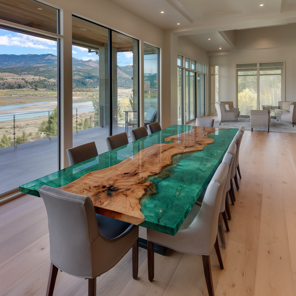 Olive Board Emerald Green River Epoxy Table - High-Contrast American Decor in Beverly Hills