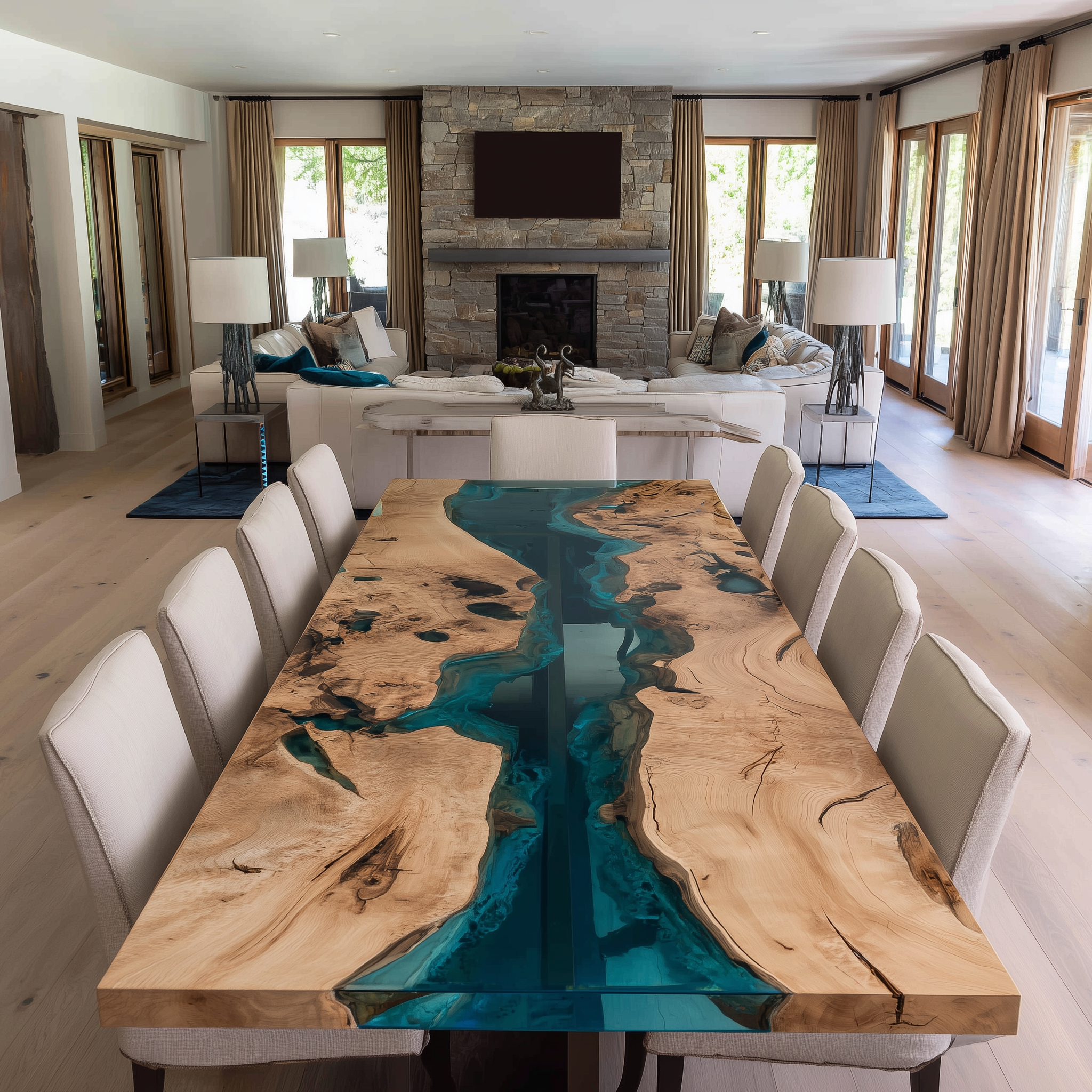 Luxury Symmetrical Olive Board River Epoxy Table for Private Tasting Rooms KCT109 in Dallas