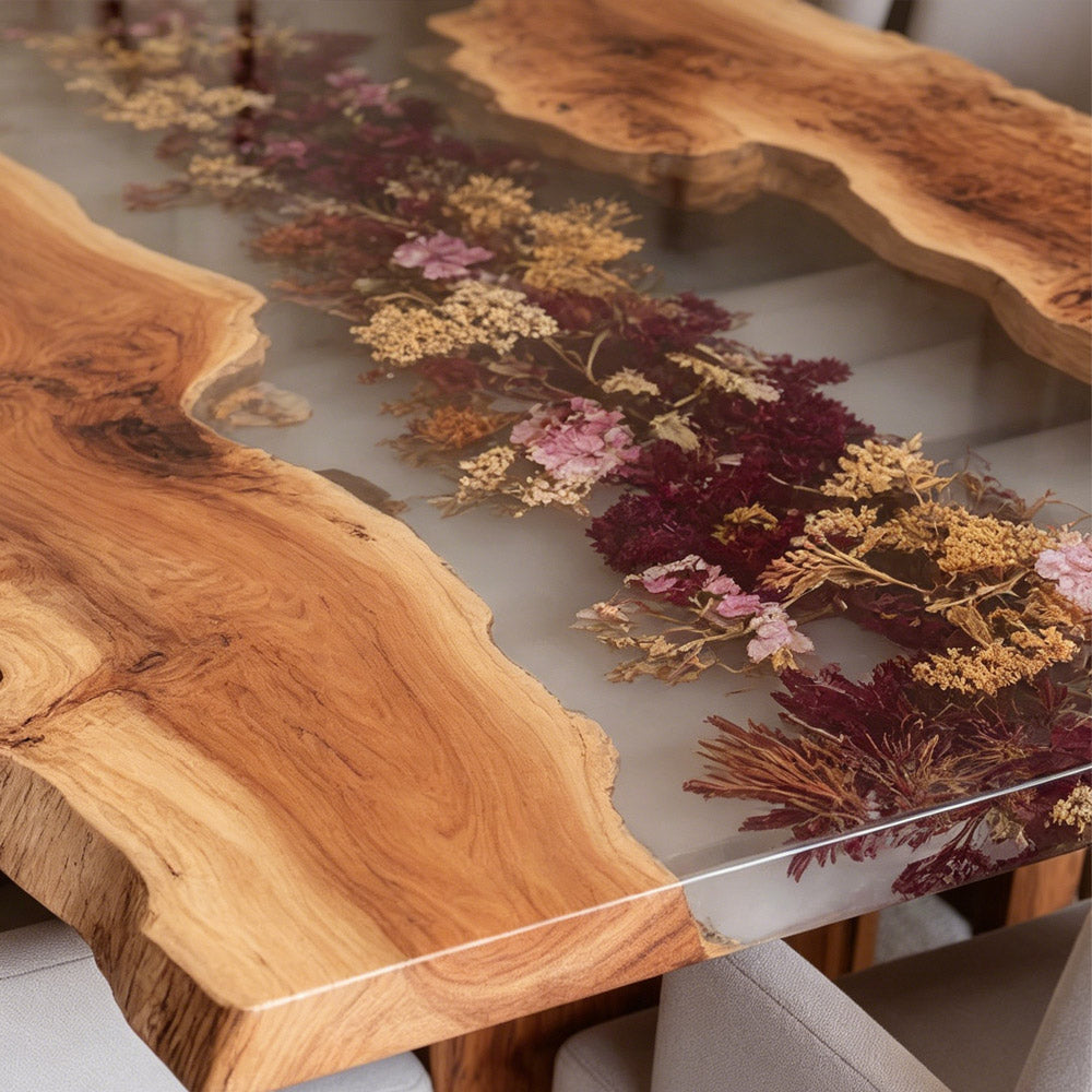Botanical Olive Wood Epoxy Table - Transparent Clarity Resin in Hamptons