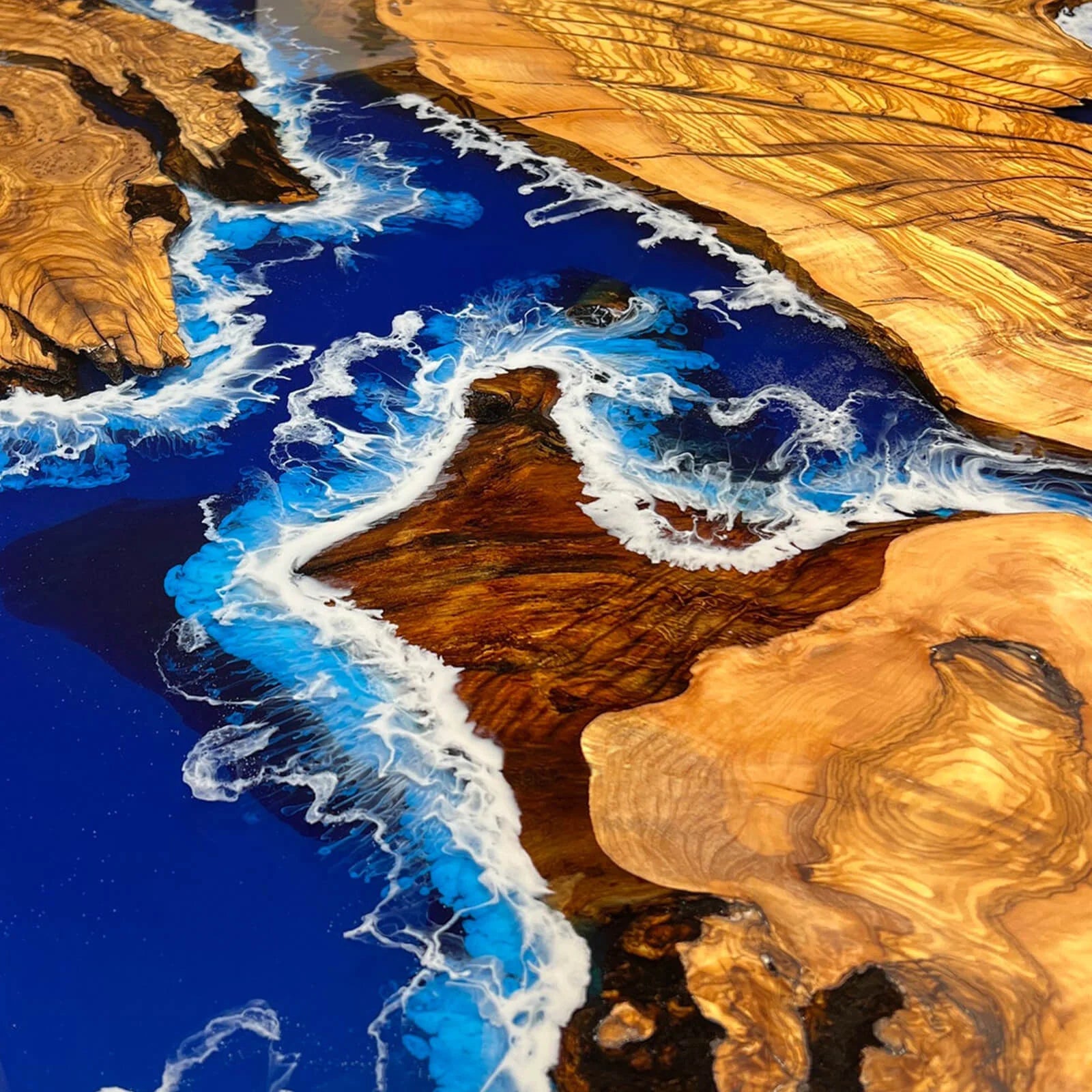 Custom Olive Deep Blue Wave Live Edge River Resin Epoxy Table