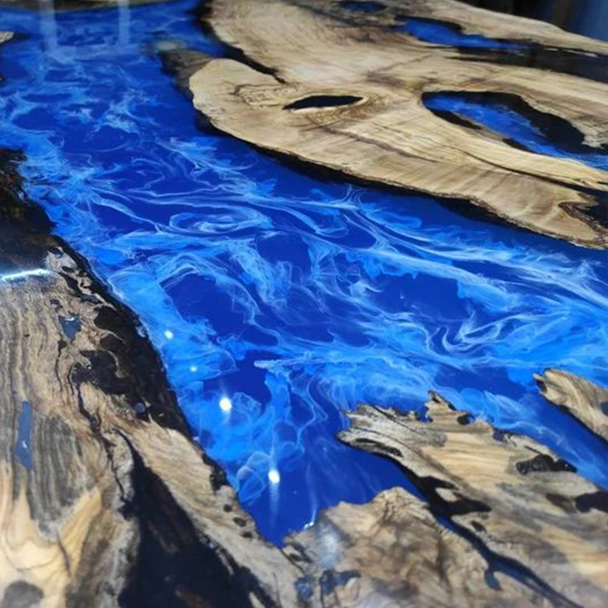Custom Olive Live Edge Blue River Epoxy Table