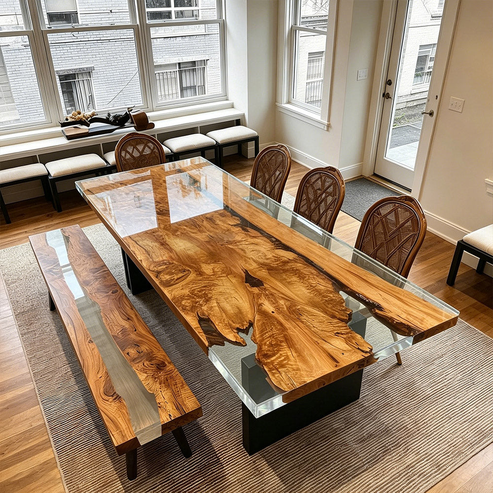 Vibrant Olive Wood & Crystal Clear Resin Dining Set in Los Angeles 
