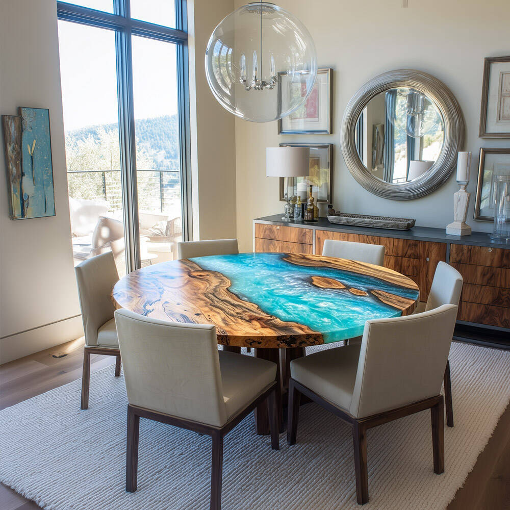 Olive Wood Deep Blue Ocean Wave Round Epoxy Table in Chicago 