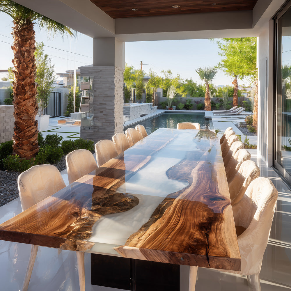 Pearl White River Walnut Epoxy Table - Luxury Finish for Exclusive Poolside Villas and Penthouses in New Orleans