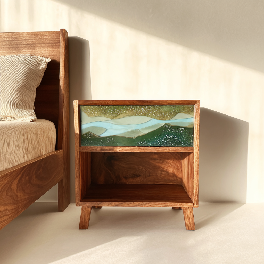 Organic Wood Emerald Epoxy Beside Table – Epoxy Nightstands for Boutique Hospitality and Lounge Interiors in Miami 