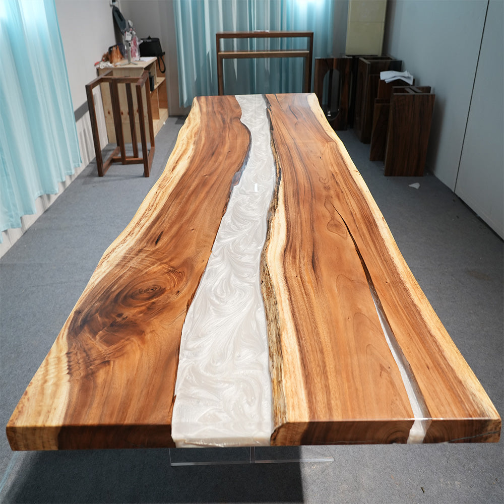 Artisanal Black Walnut Wood Pearlwhite Shimmer Epoxy Table - for Upscale Dining Rooms in Boston