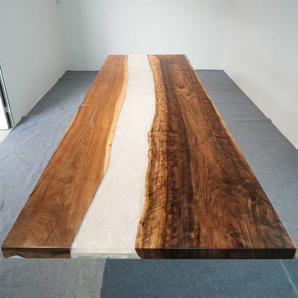 Artisanal Black Walnut Wood Pearlwhite Shimmer Epoxy Table - for Upscale Dining Rooms in Boston