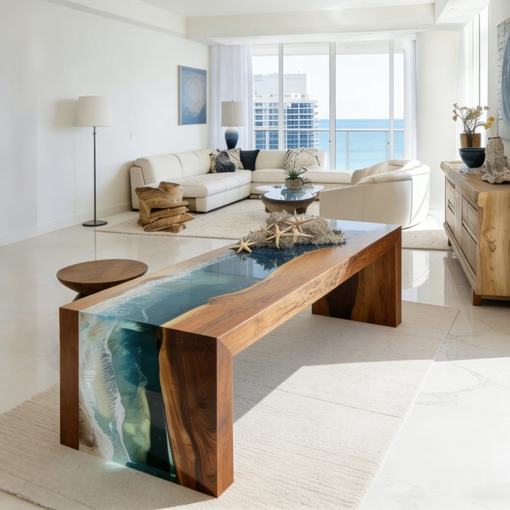 Black Walnut Waterfall Ocean Wave Epoxy Table for Modern Beachfront Estates in Malibu