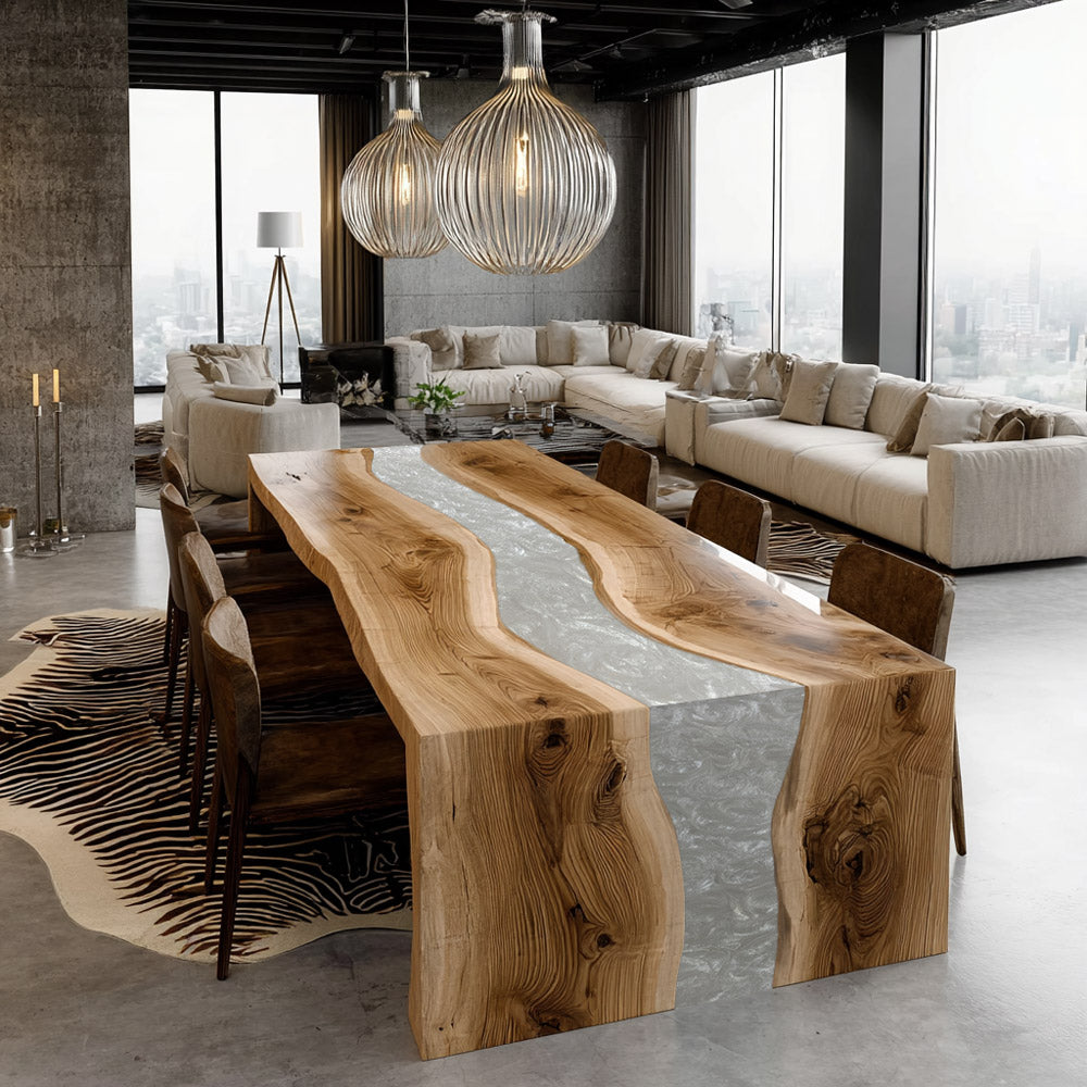 Wood Waterfall Pearl White Flowing Epoxy Table in New York