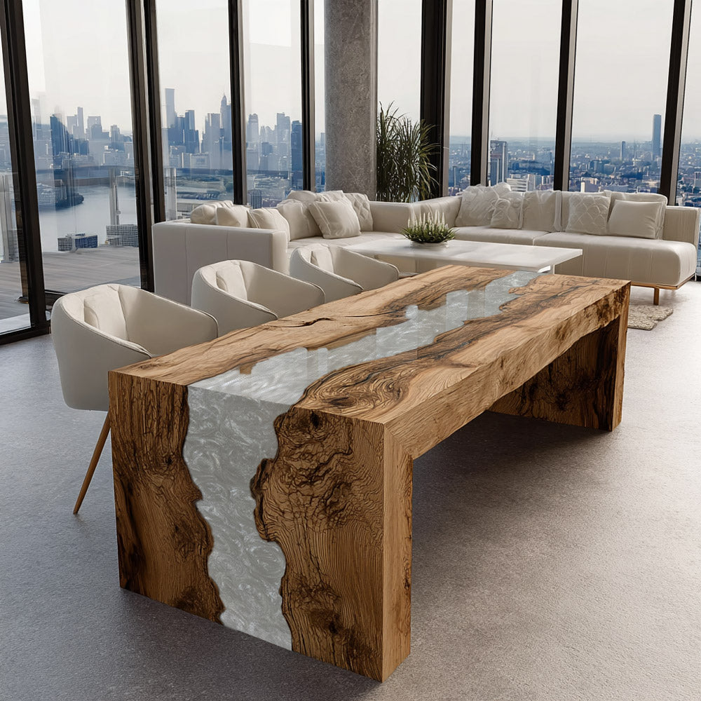 Premium Olive Wood Waterfall Pearl White Flowing Epoxy Table for High-End American Homes in New York