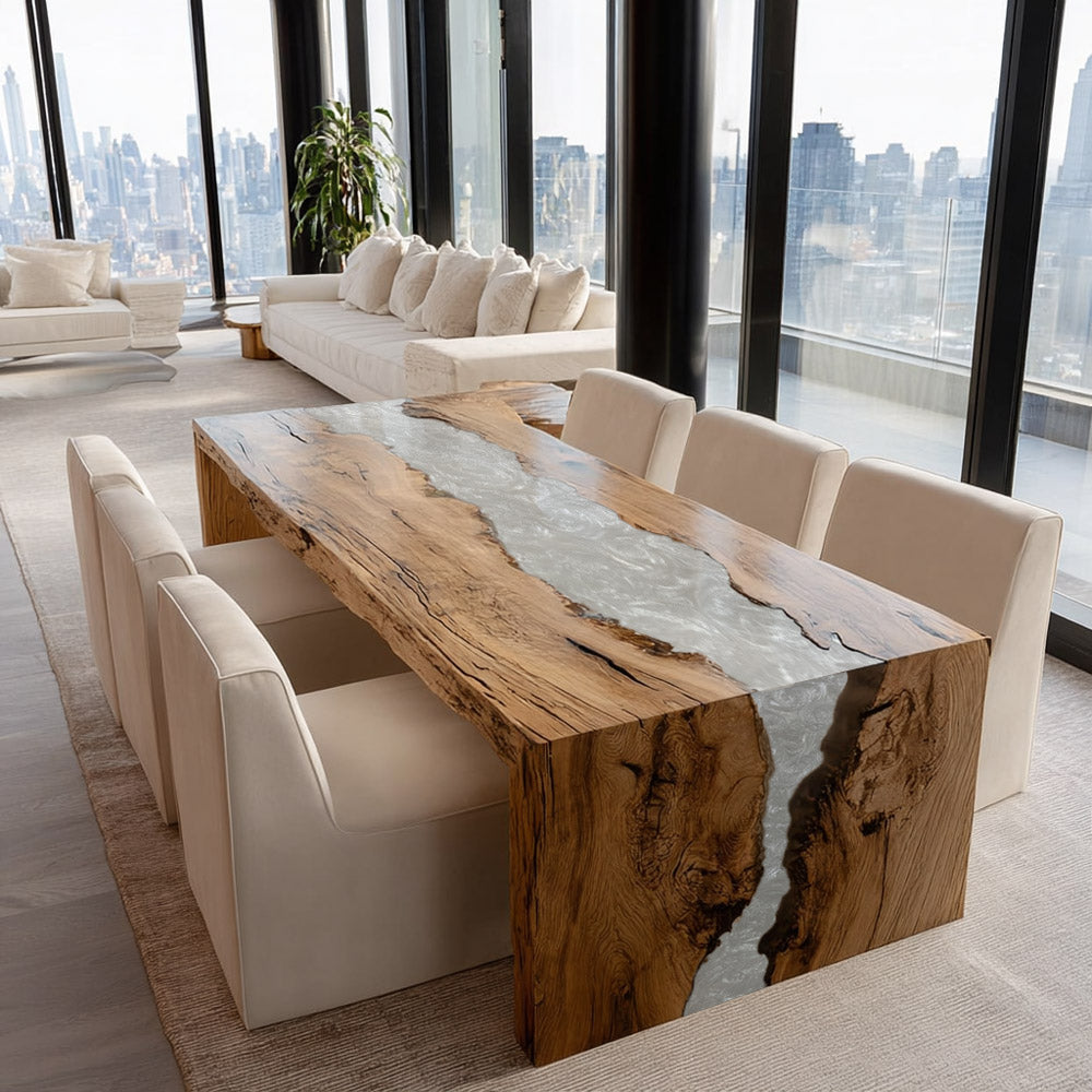 Olive Wood Waterfall Flowing Epoxy Table for High-End American Homes in New York 