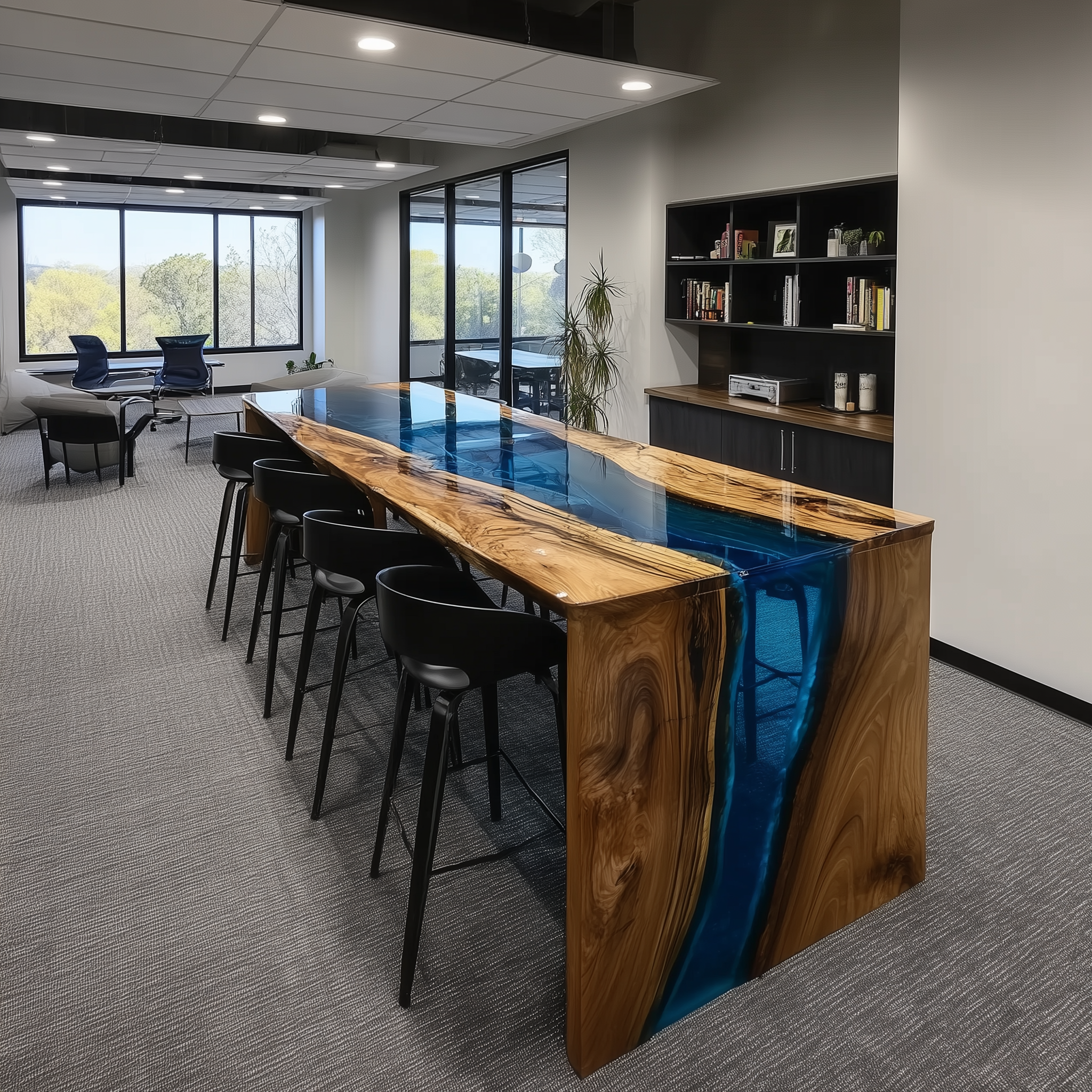 Prestigious Waterfall Walnut Epoxy Table for Oceanfront Residences in Los Angeles