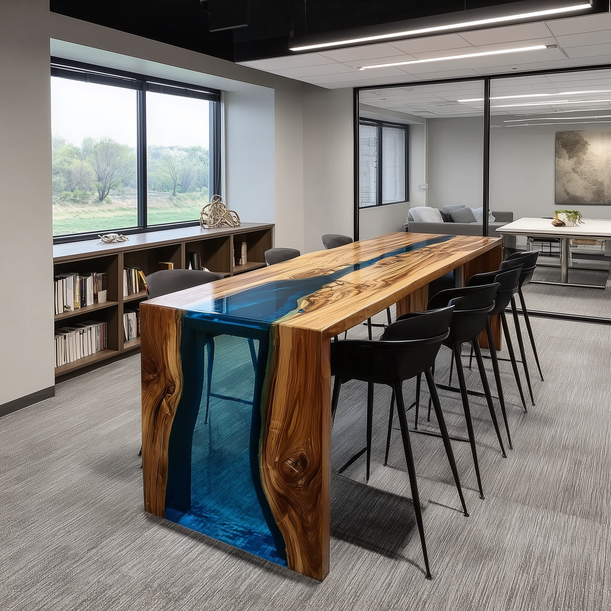 Waterfall Walnut Epoxy Table for Oceanfront Residences in Los Angeles