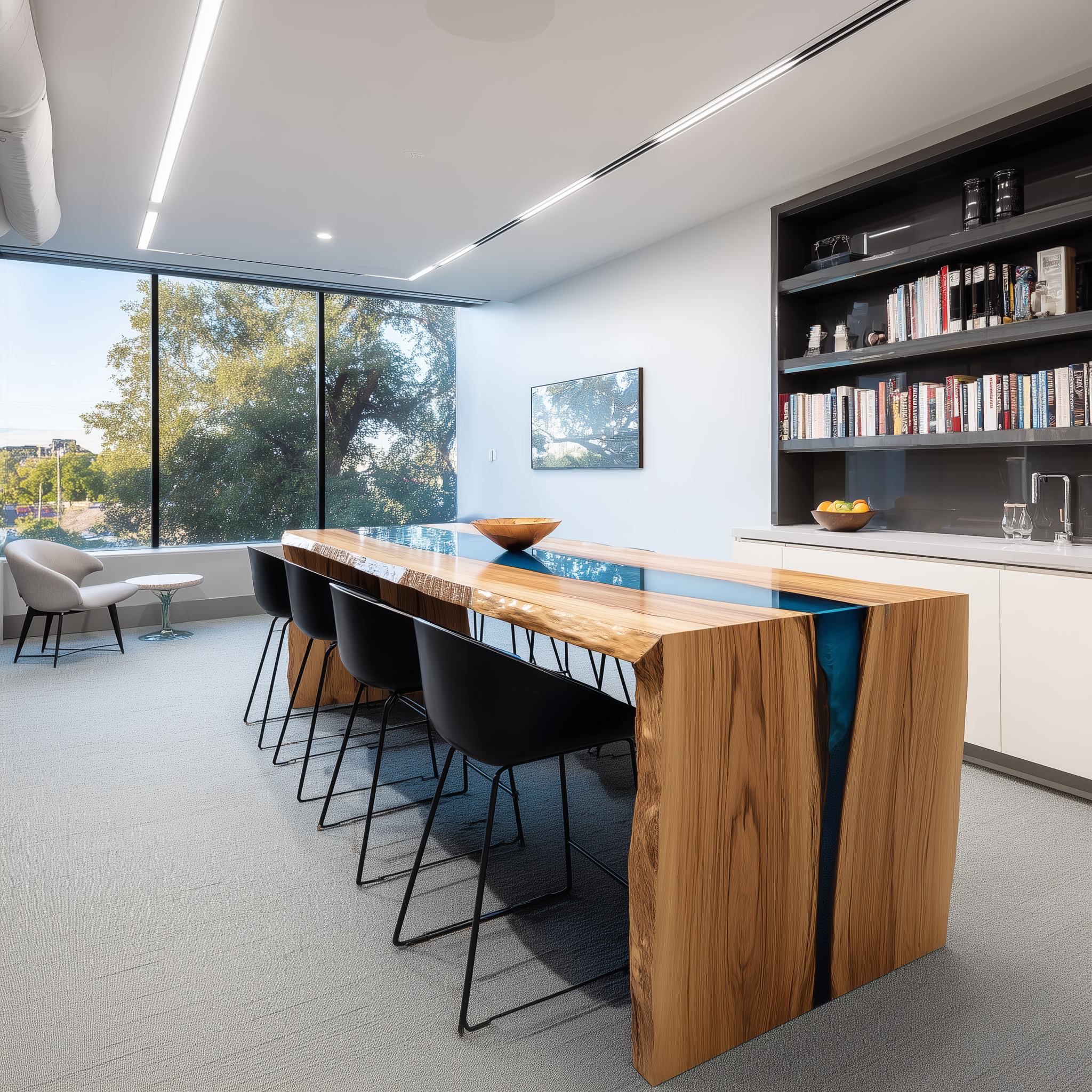 Walnut Blue Transparent Epoxy Table for Oceanfront Residences in Los Angeles