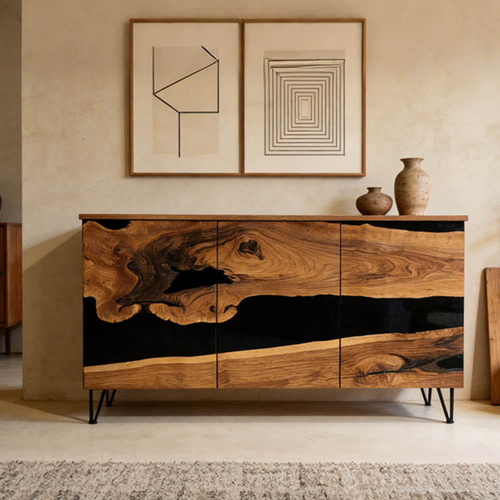 Reinforced Walnut & Black Epoxy Credenza Cabinet - for Modern Kitchens & Dining Halls in Chicago