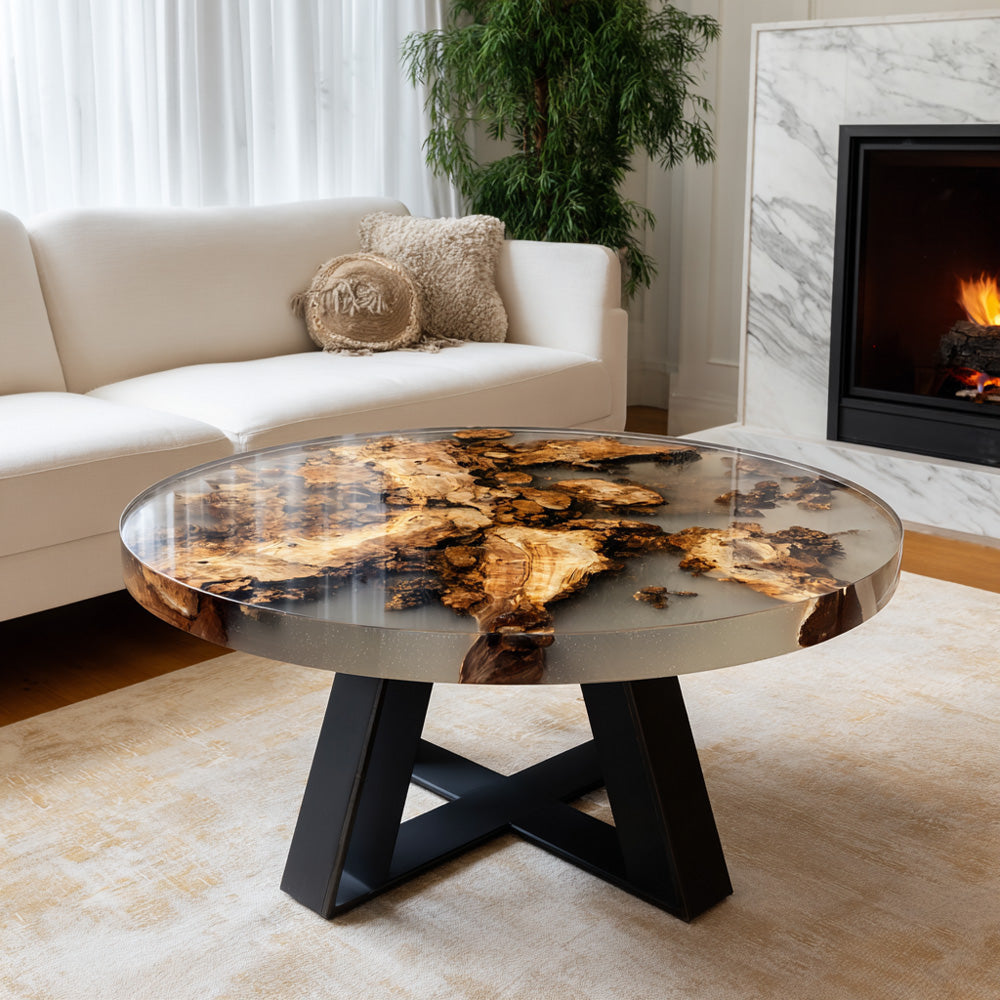 Round Olive Wood Black Resin Table in San Francisco