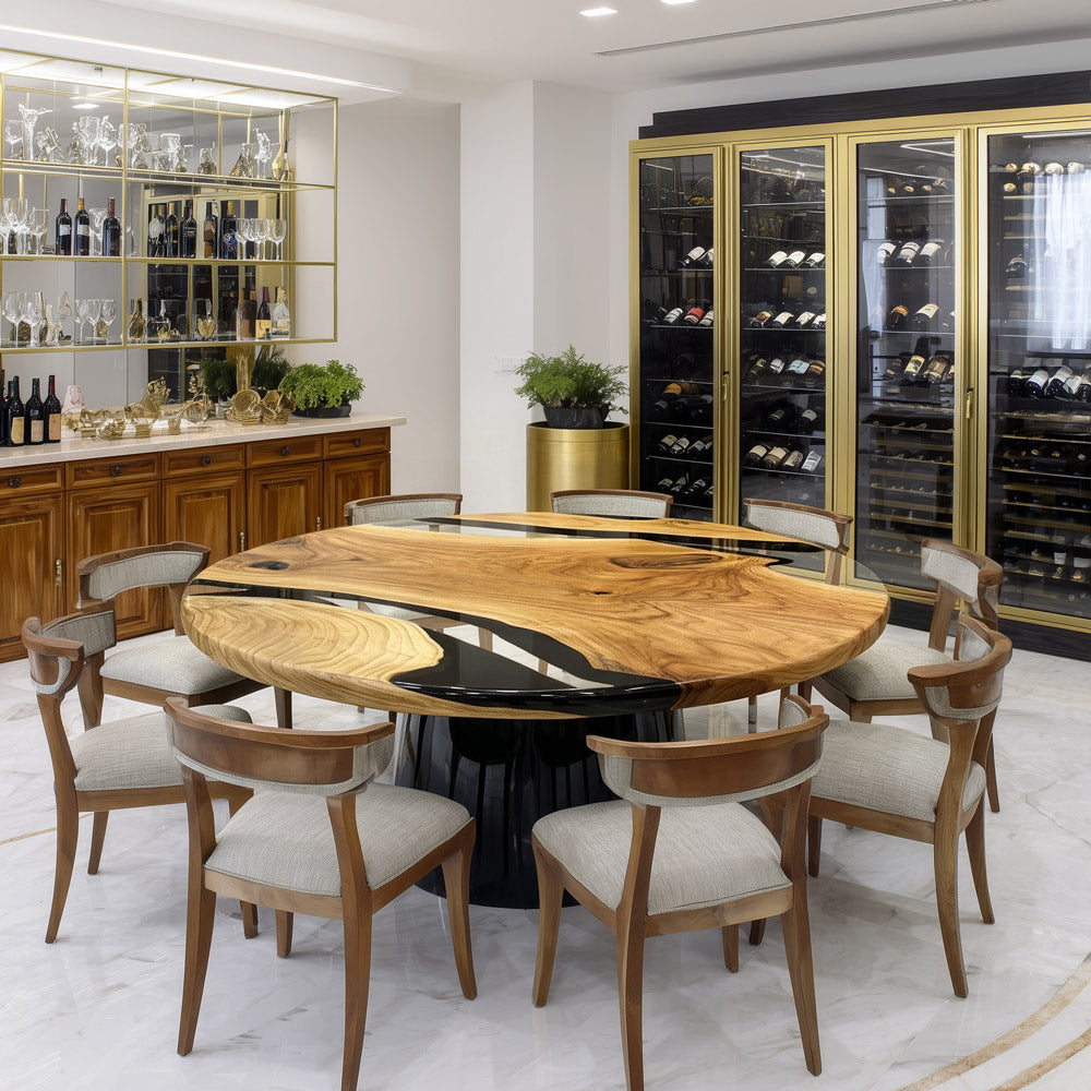 Round Walnut Wood & Clear Resin Dining Epoxy Table Durable Artisanal Furniture in Miami  