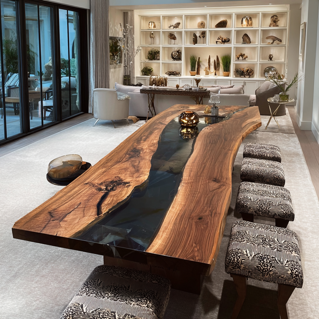 Rugged Black Walnut Live Edge Sleek Black Epoxy Table in Phoenix