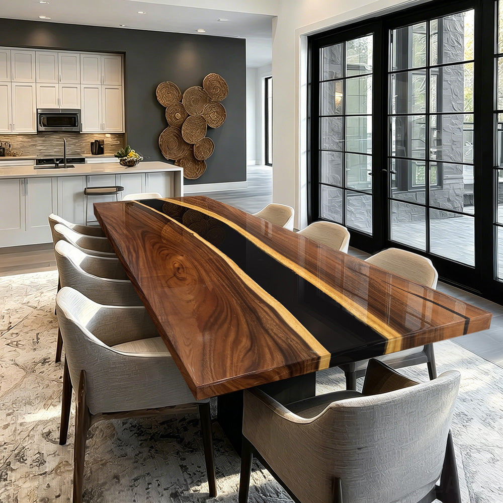 Walnut & Black River Epoxy Table - Premium Multi-Seat Family Dining KCT103 in Manhattan