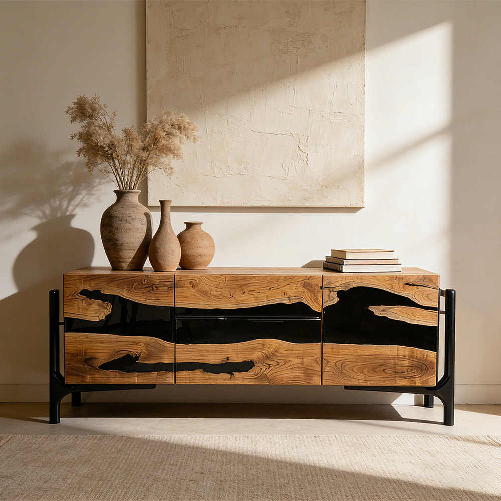 Scandi-Inspired Beech Wood & Black Resin Credenza – Storage Centerpiece for Modern Living Rooms in Austin