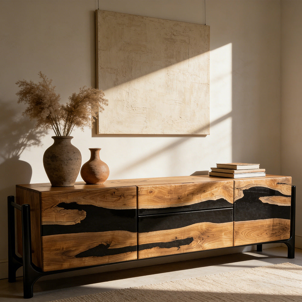 Scandi-Inspired Beech Wood & Black Resin Credenza in Austin