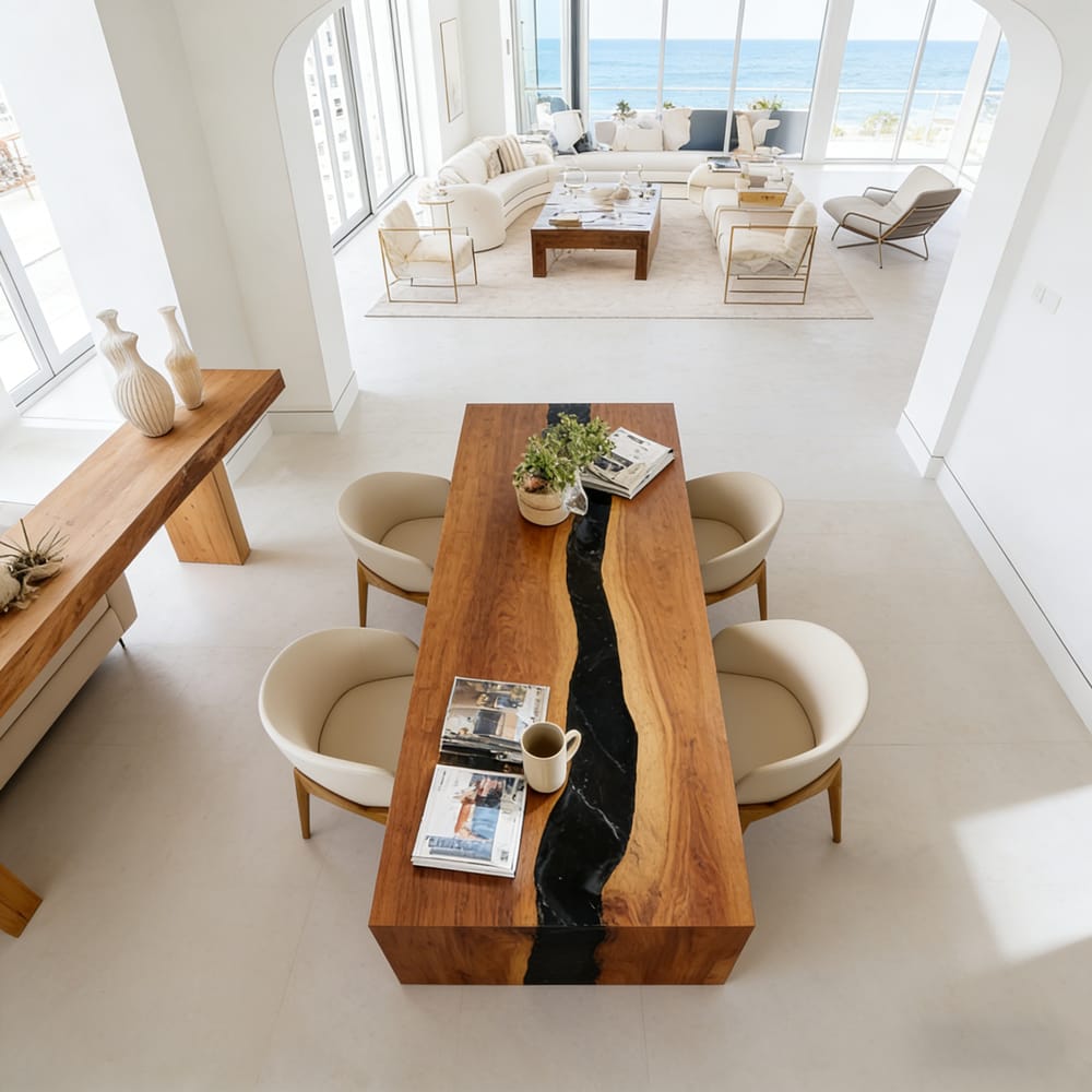 Sleek Waterfall Walnut Black River Epoxy Table – Chic Centerpiece for American Urban Penthouses in New York