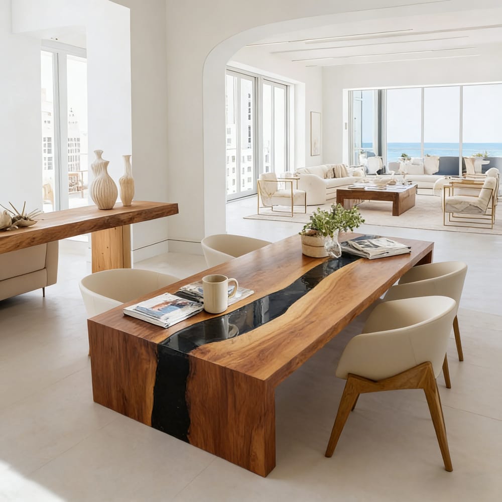Waterfall Walnut Epoxy Table – Chic Centerpiece for American Urban Penthouses in New York