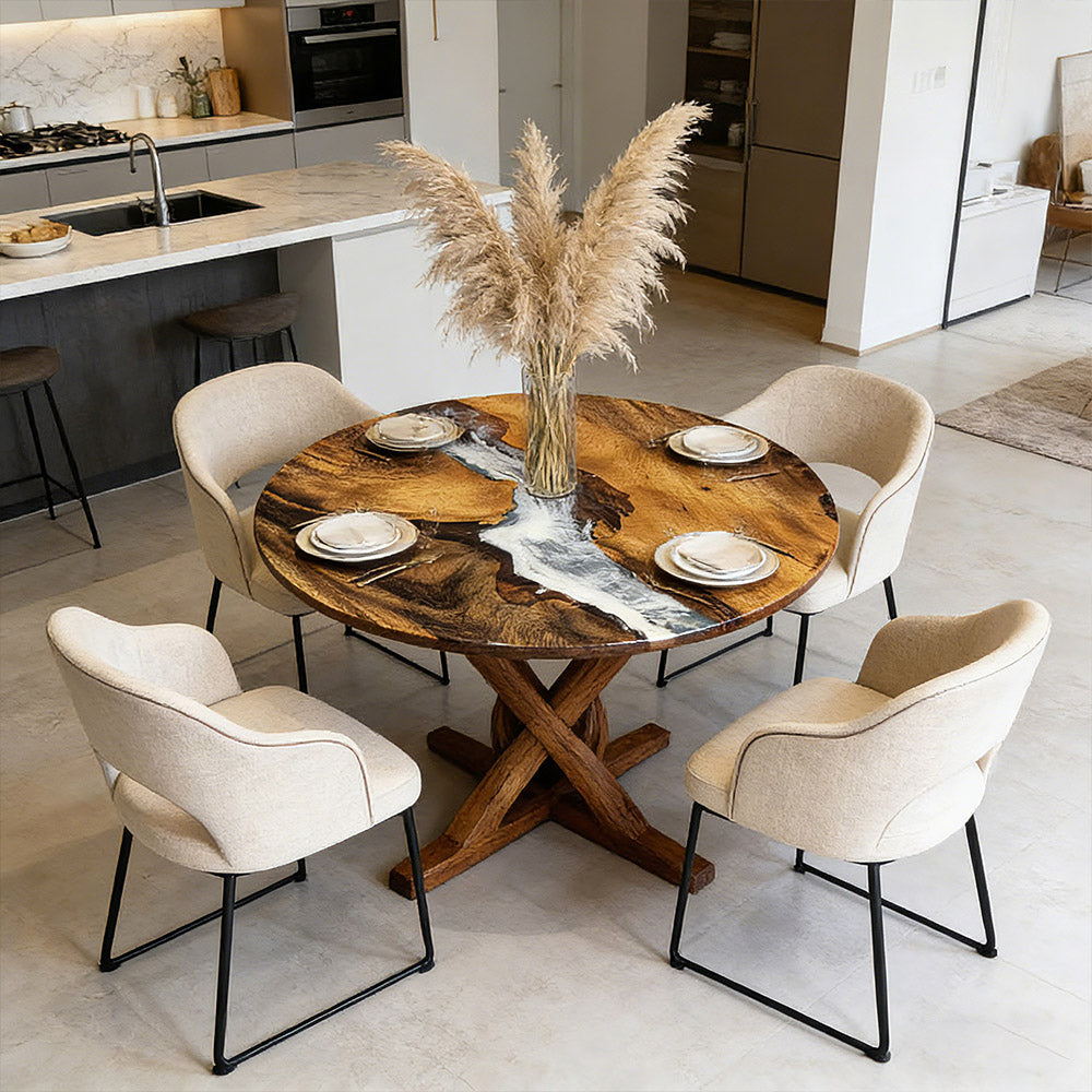 Solid Black Walnut Round Pearl White Powder Epoxy River Table - for Luxury Staging & Real Estate in Miami