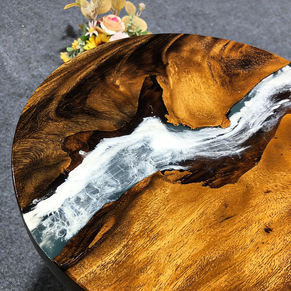 Solid Black Walnut Round Pearl White Powder Epoxy Table in Miami