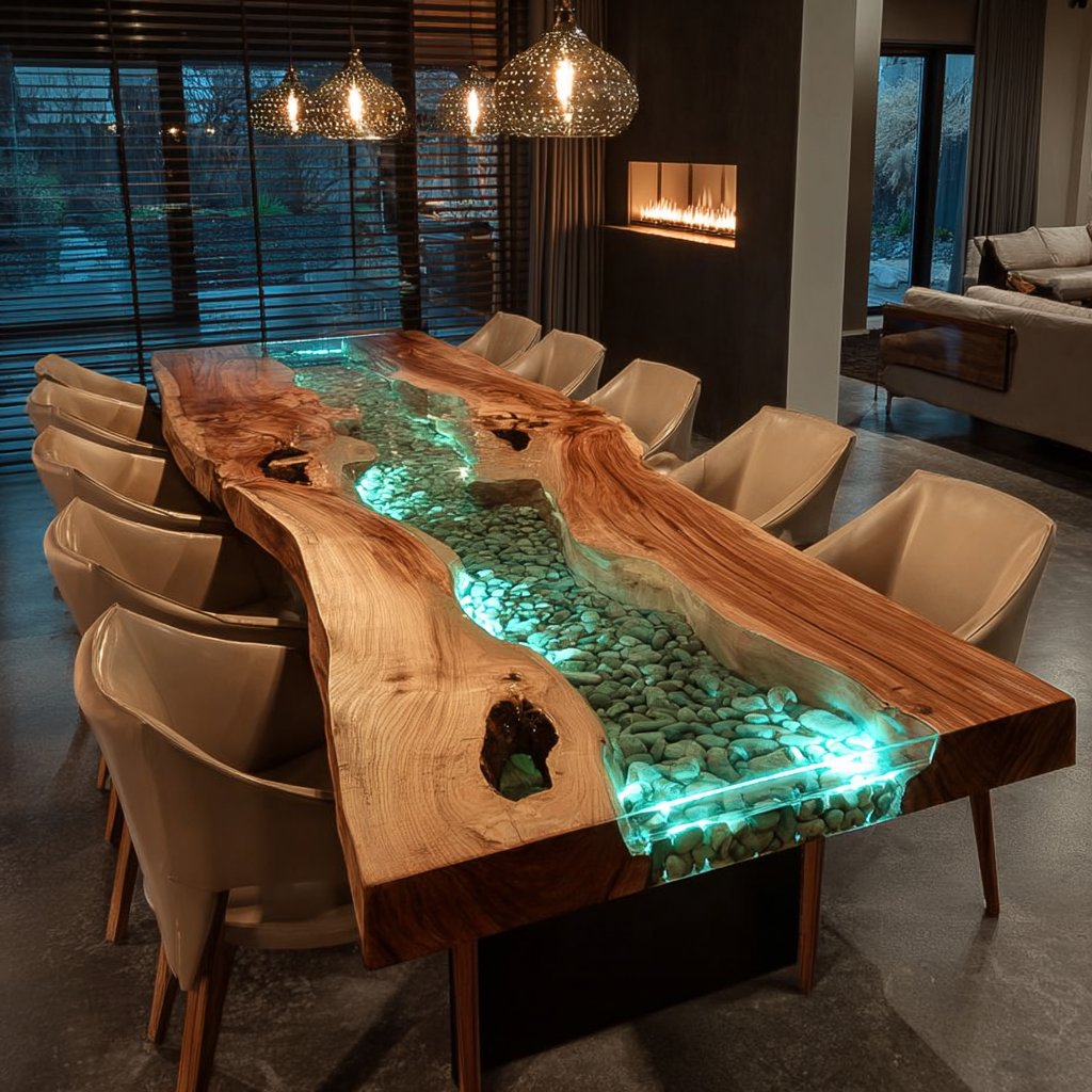 Walnut River Stone LED Epoxy Table for High-End Decor KCT64