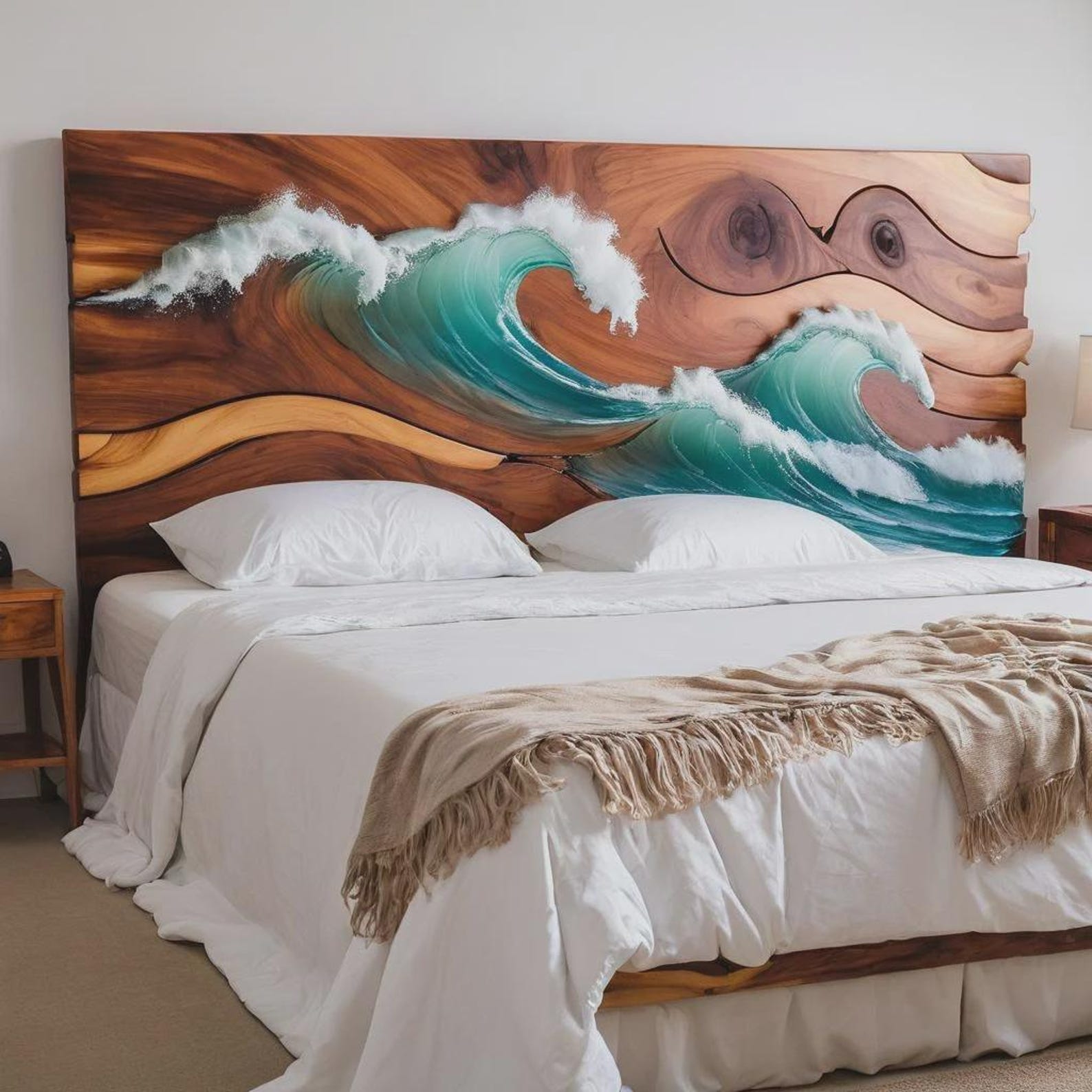 Captivating Solid Wood Ocean Seawave Epoxy Headboard