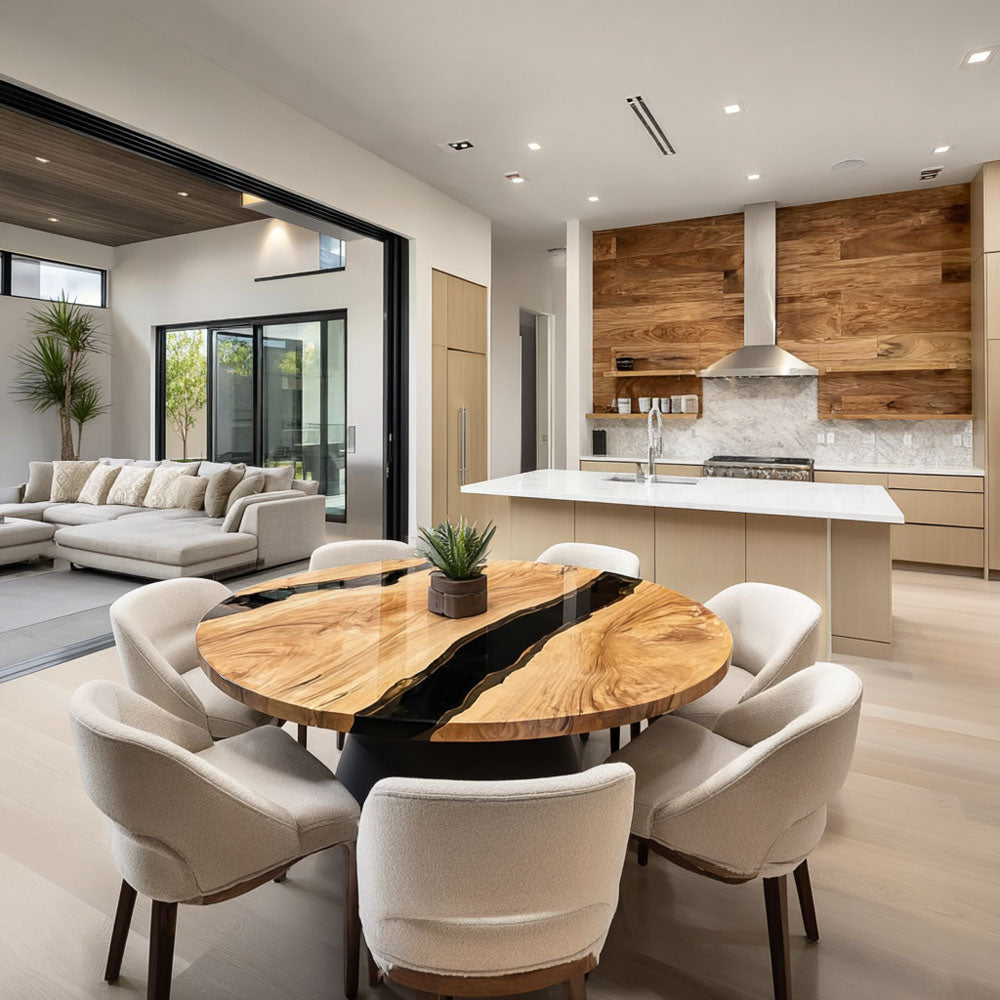 Space-Saving Round Black Walnut Epoxy Table with High-Gloss Black Resin Inlay in Seattle
