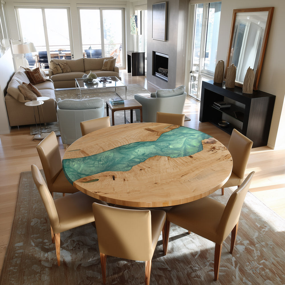 Round Ash Wood Epoxy Dining Table in Muted Light Green - Elegant Focal Point for Apartments RT36 in Austin