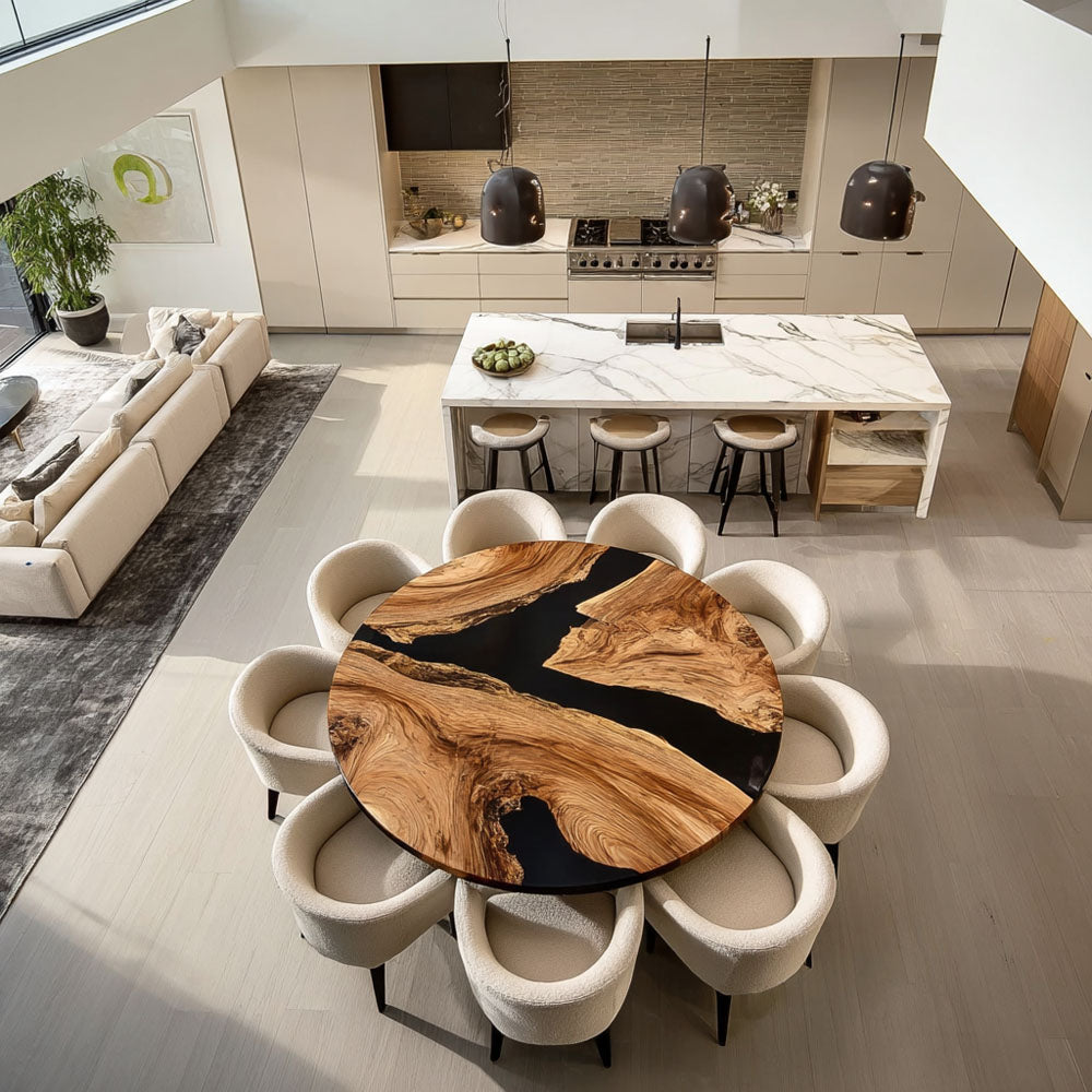 Space-Saving Round Black Walnut Epoxy Table with High-Gloss Black Resin Inlay in Seattle
