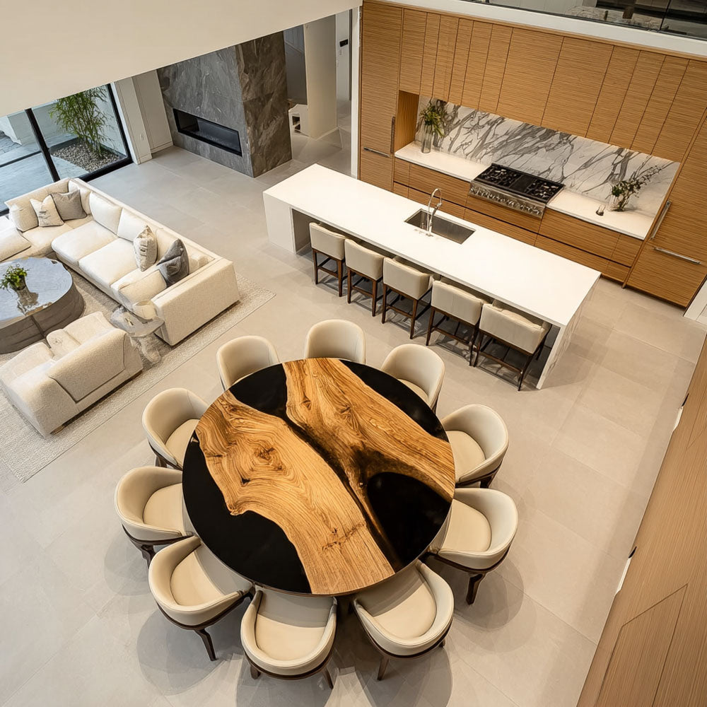 Space-Saving Round Black Walnut Epoxy Table with High-Gloss Black Resin Inlay in Seattle