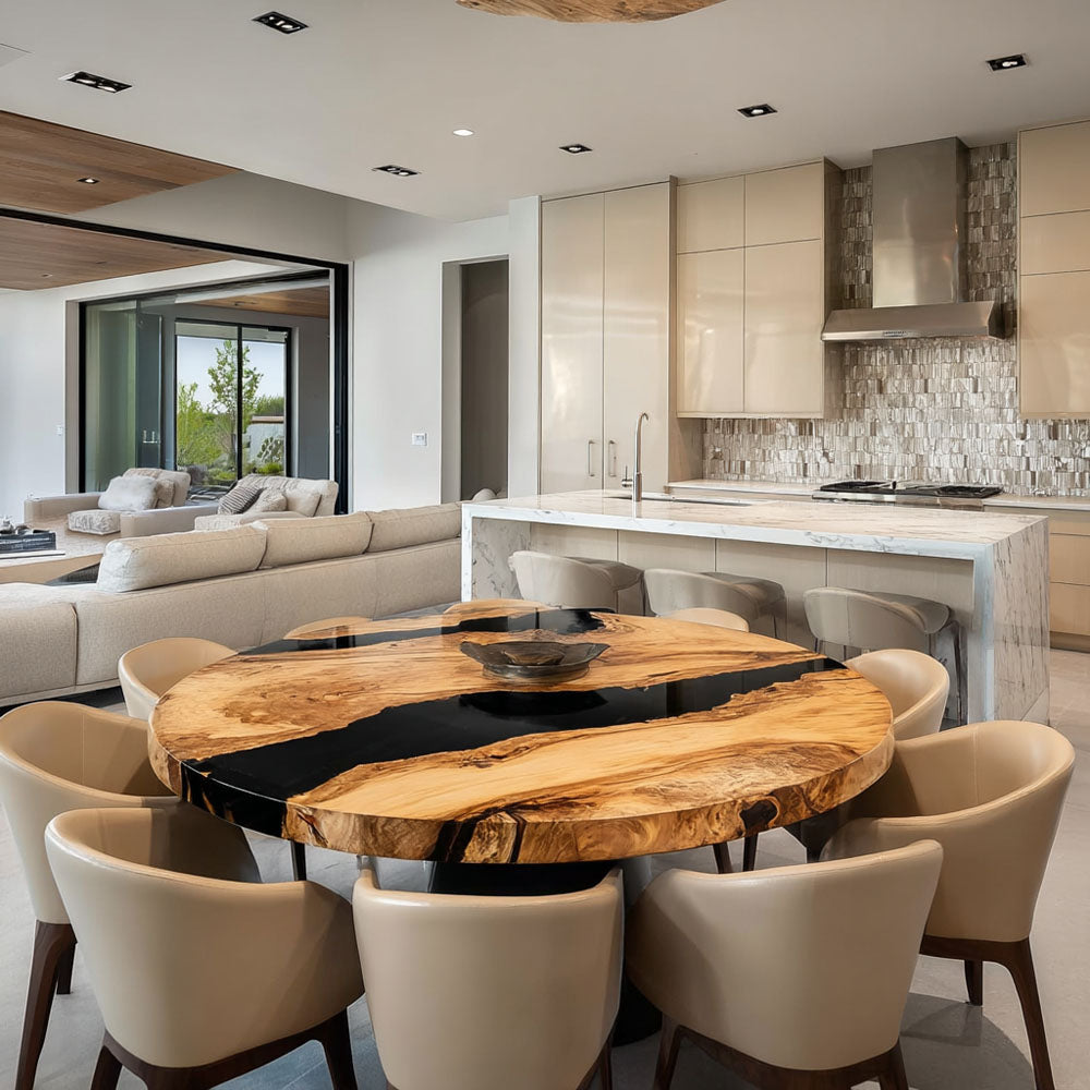 Space-Saving Round Black Walnut Epoxy Table with High-Gloss Black Resin Inlay in Seattle