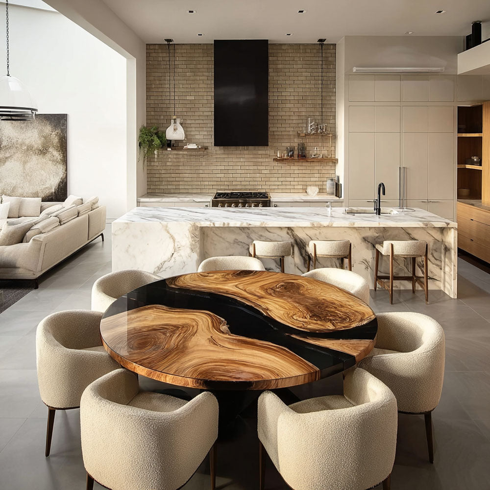 Space-Saving Round Black Walnut Epoxy Table with High-Gloss Black Resin Inlay in Seattle