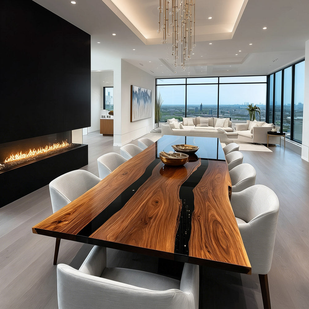 Sprawling Live Edge Black Walnut & Obsidian Black Resin Dining Epoxy Table Set for Active Households in New York
