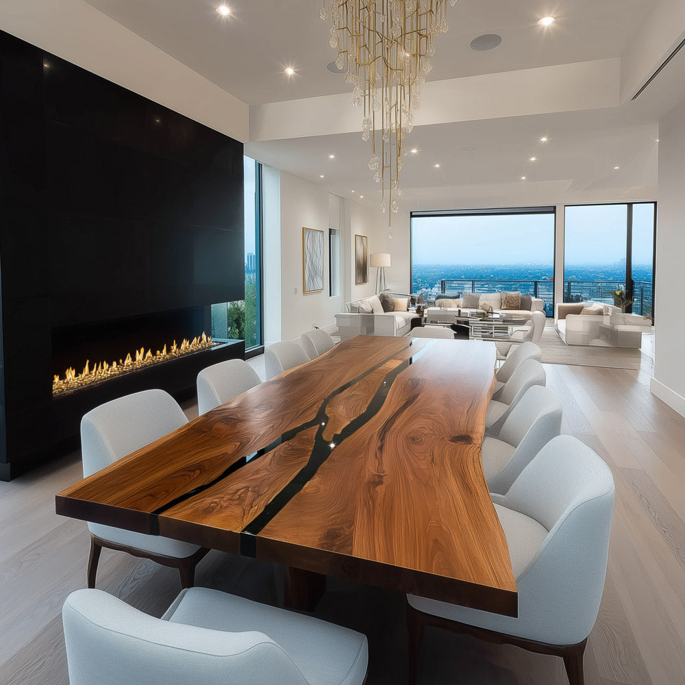 Live Edge Black Walnut & Obsidian Black Resin Dining Epoxy Table Set for Active Households KCT118 in New York