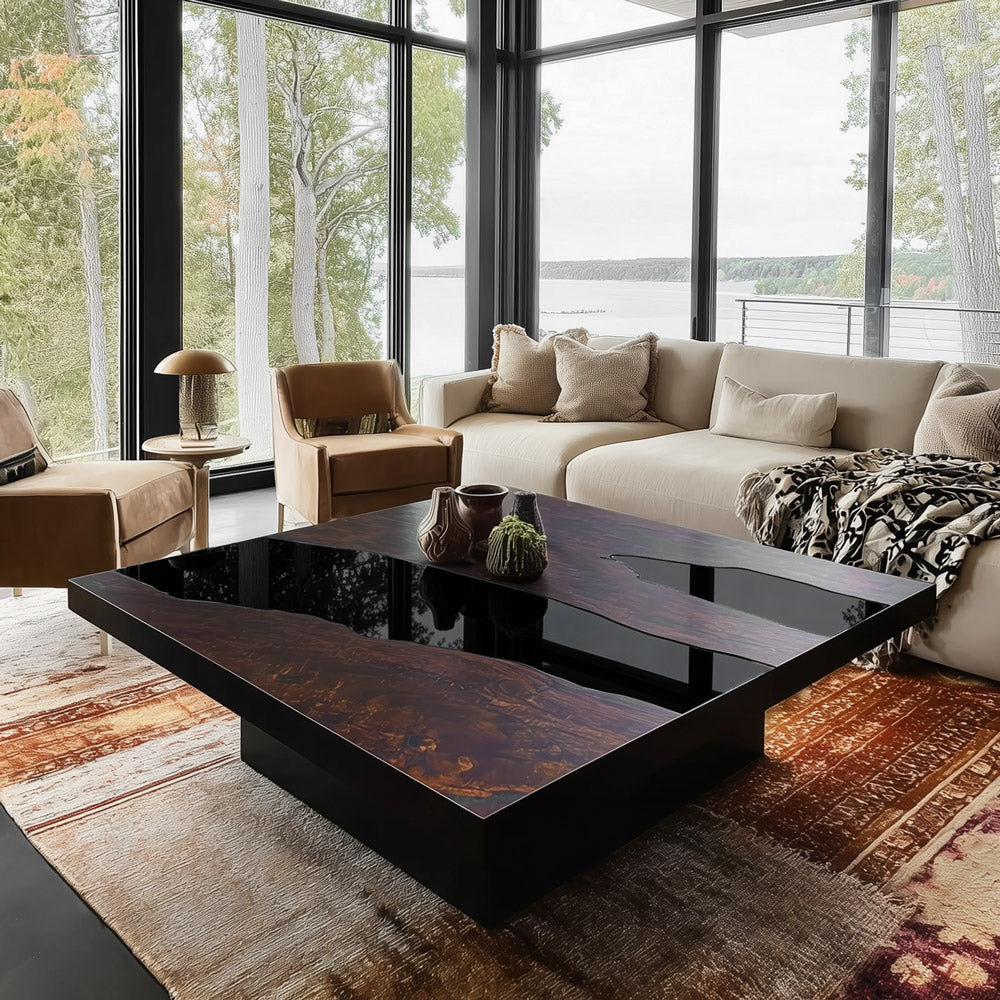 Square Black Walnut Sleek Black River Epoxy Table for Contemporary Apartments QCT8 in Nashville