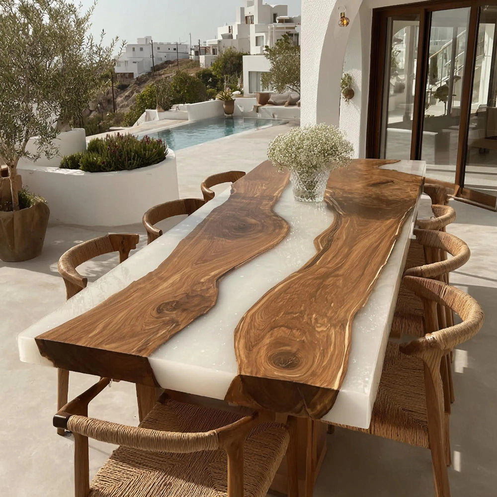 Sustainably Sourced Walnut Wood Milk White Dining Epoxy Table - For North American Minimalist Living Space in Nashville